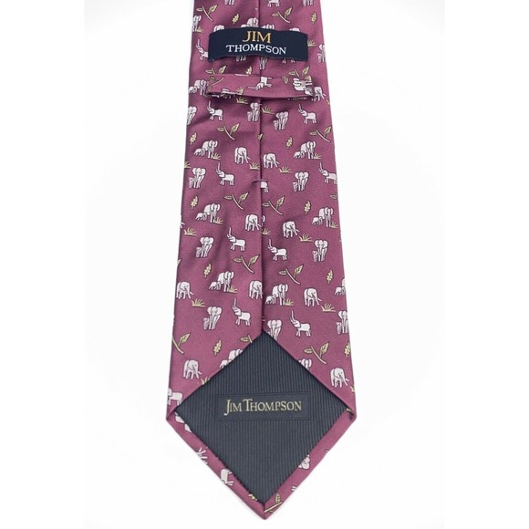 Jim Thompson Tie Mulberry Color - Elephants with Baby Animal Leaf Necktie - Picture 9 of 11